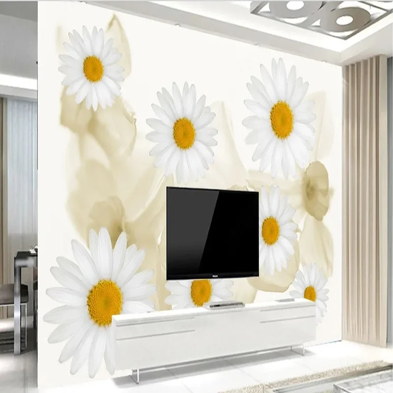 Custom 3D Photo Mural Wall Painting White Daisies Fresh Flower Background Wallpaper Papel Pintado Pared Home Décor Tapety Fresco