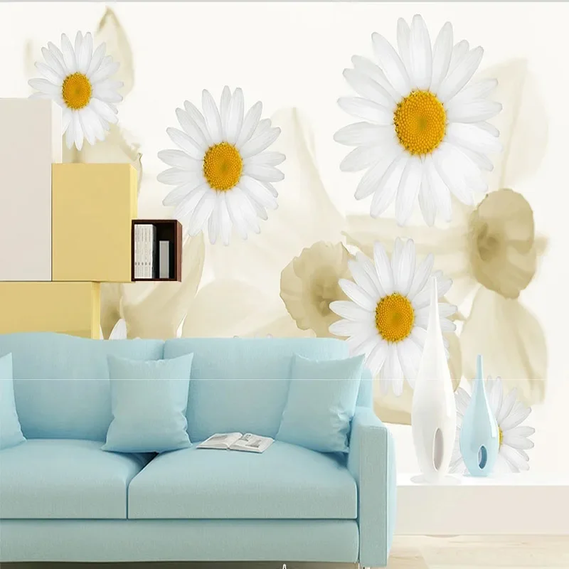 Custom 3D Photo Mural Wall Painting White Daisies Fresh Flower Background Wallpaper Papel Pintado Pared Home Décor Tapety Fresco