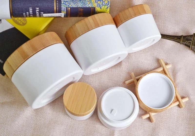 Bamboo Cosmetic Jars 8Oz Hair Mask Packaging Wooden Lids Plastic Cream Contanier Empty NaturalProducts Round Shape White Plastic