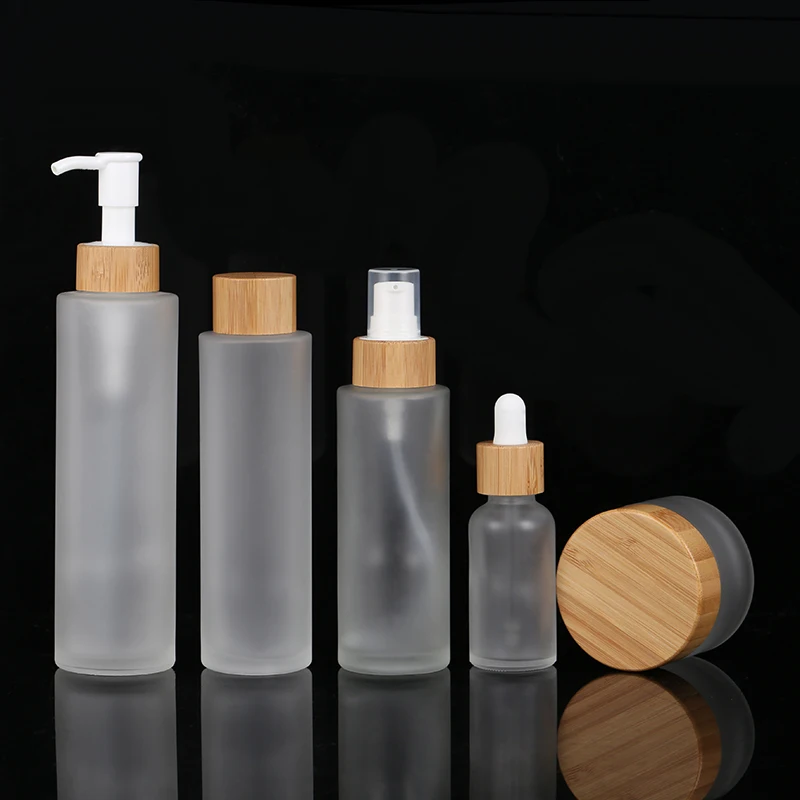 Cosmetic Spray With Bamboo Lotion Lid Frosted White Plastic Container Skin Care Frosted Clear Glass Bottle for Face Cream Serum