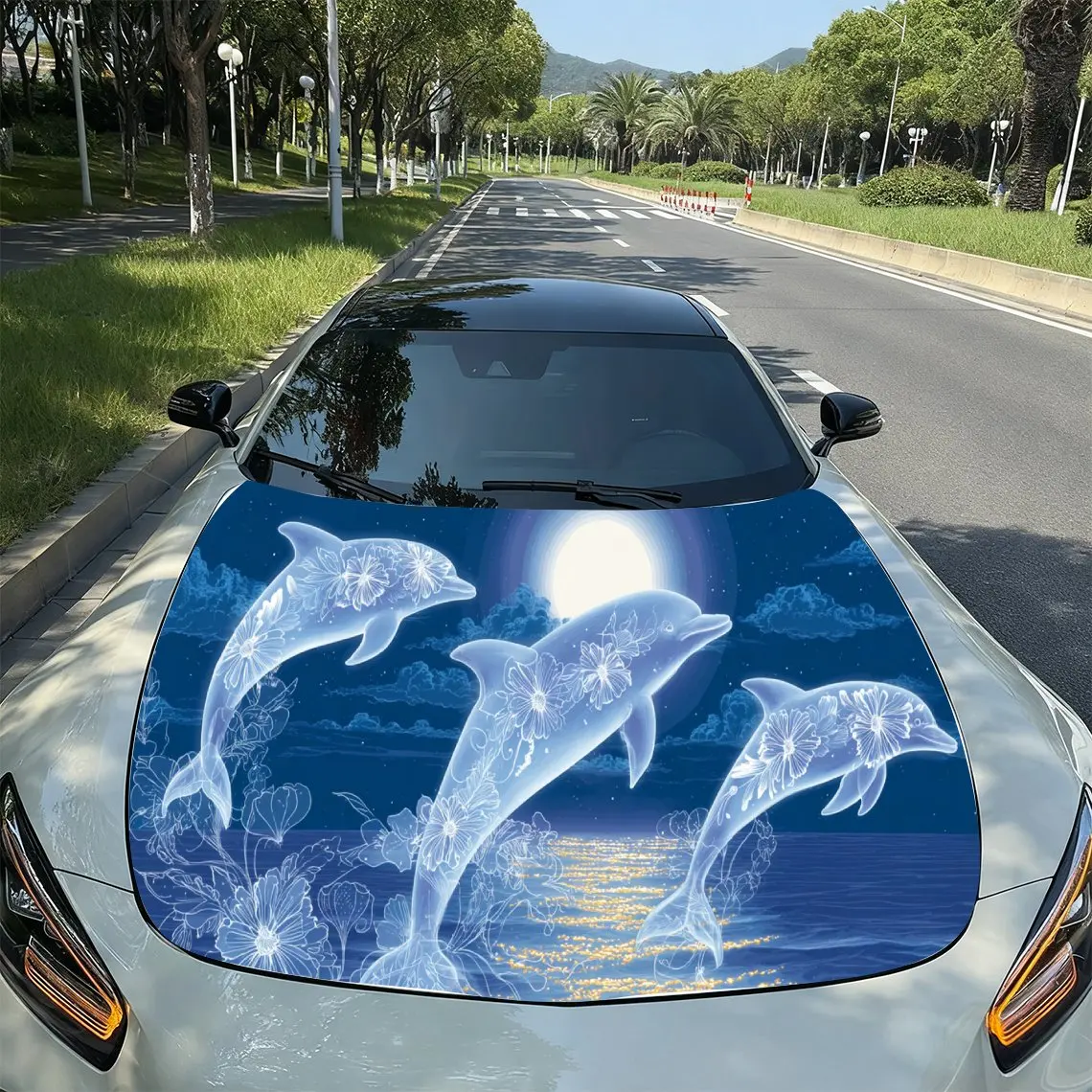 Moonlit Dolphin Ocean Fantasy PVC Car Hood Wraps, Self-Adhesive Waterproof Car Bonnet Decal Sticker, Car Decoration Protection S