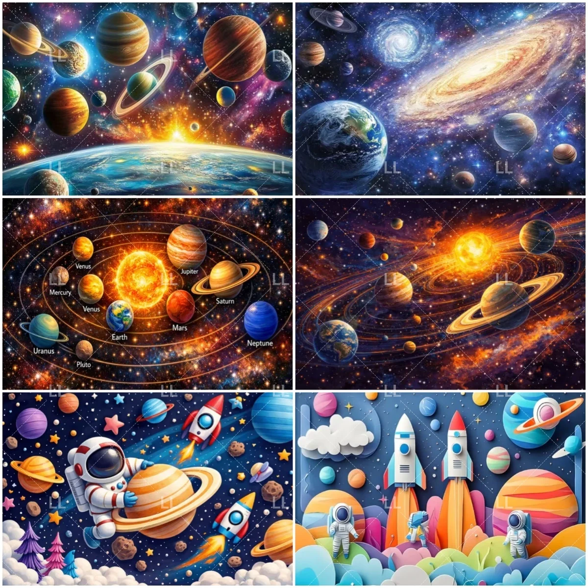 Outer Space Planet Background Cartoon Astronaut Star Birthday Party Decoration Backdrop Boys Girls Photography Studio Props