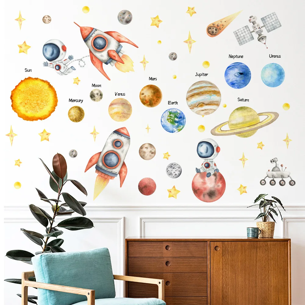 Cartoon Space Galaxy Rocket Wall Stickers Outer Space Astronauts Wall Decoration Stickers Planet Star Sticker Boys Bedroom Decor