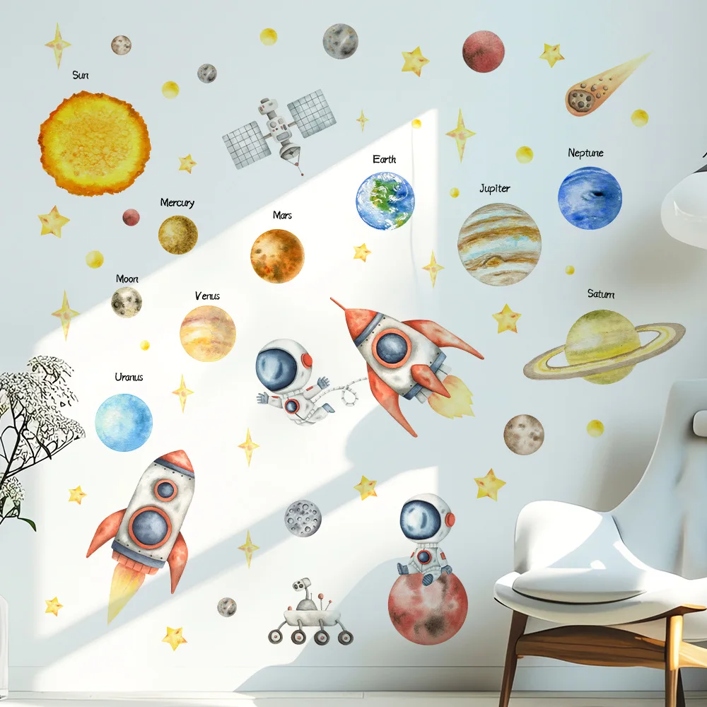 Cartoon Space Galaxy Rocket Wall Stickers Outer Space Astronauts Wall Decoration Stickers Planet Star Sticker Boys Bedroom Decor