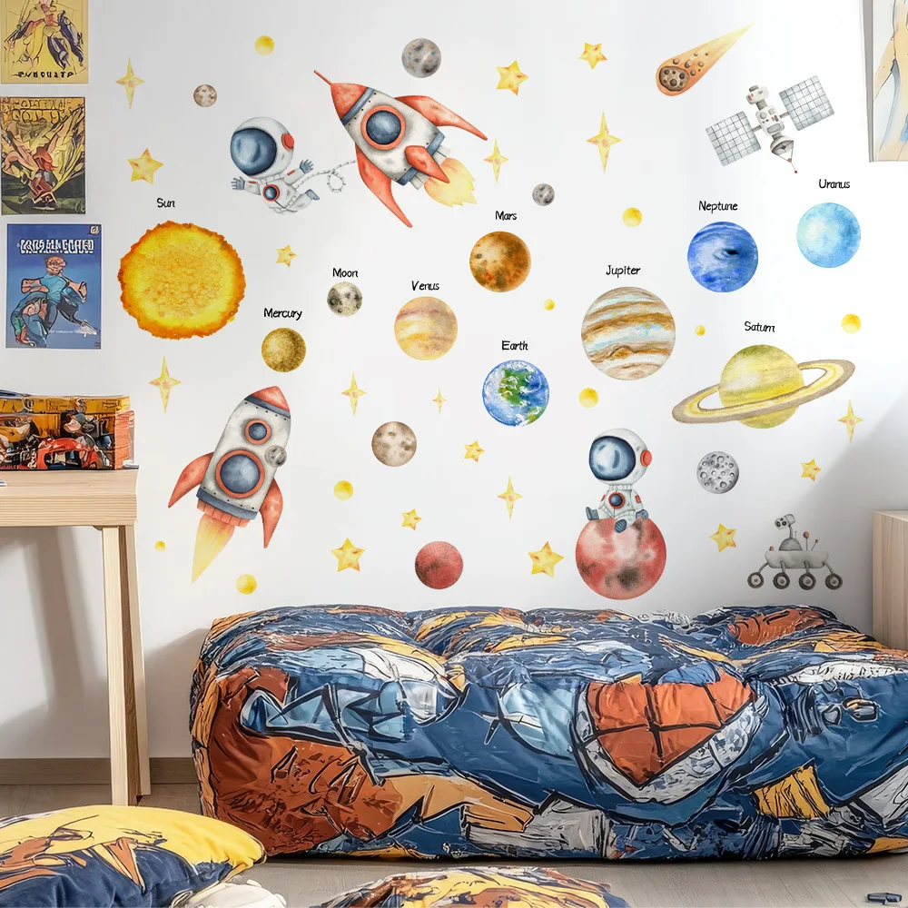 Cartoon Space Galaxy Rocket Wall Stickers Outer Space Astronauts Wall Decoration Stickers Planet Star Sticker Boys Bedroom Decor