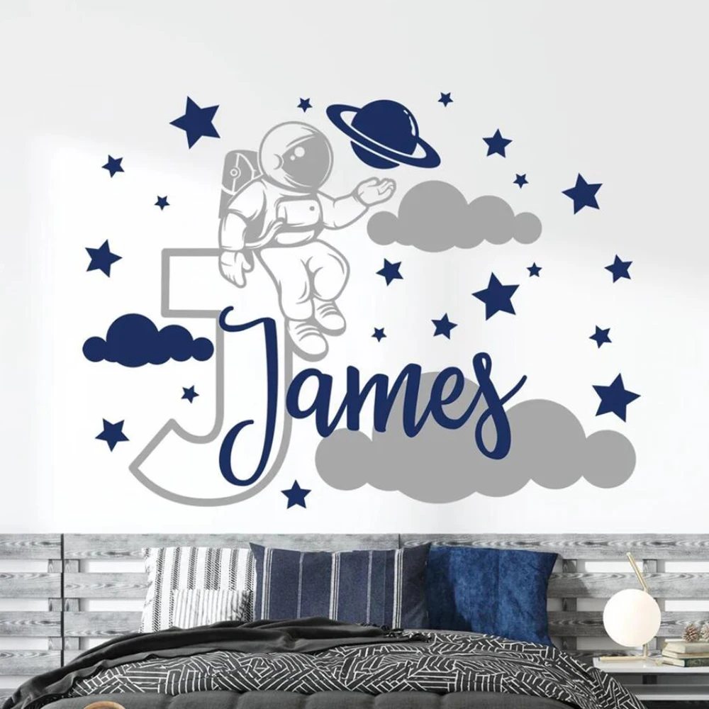 Custom Name Cartoon Space Astronaut Star Cloud Wall Sticker Decal Boy Room Baby Nursery Kids Playroom  Home Decor