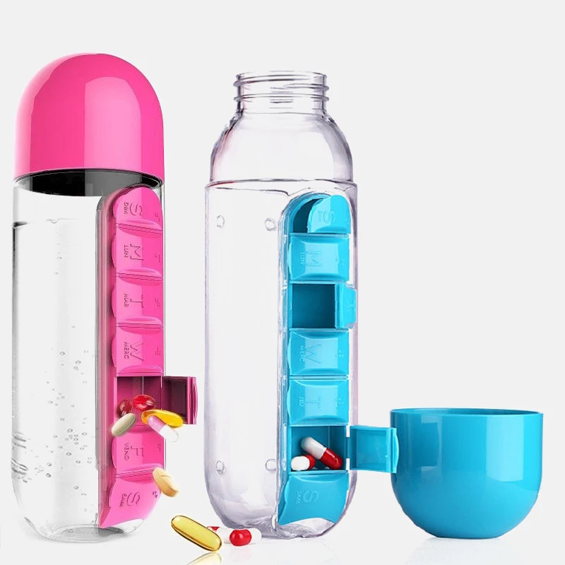 2-in-1 600ml 7-compartment Medicine Box Portable Water Bottle Multifunctional Outdoor Sports Fitness Convenient Hanging Rope