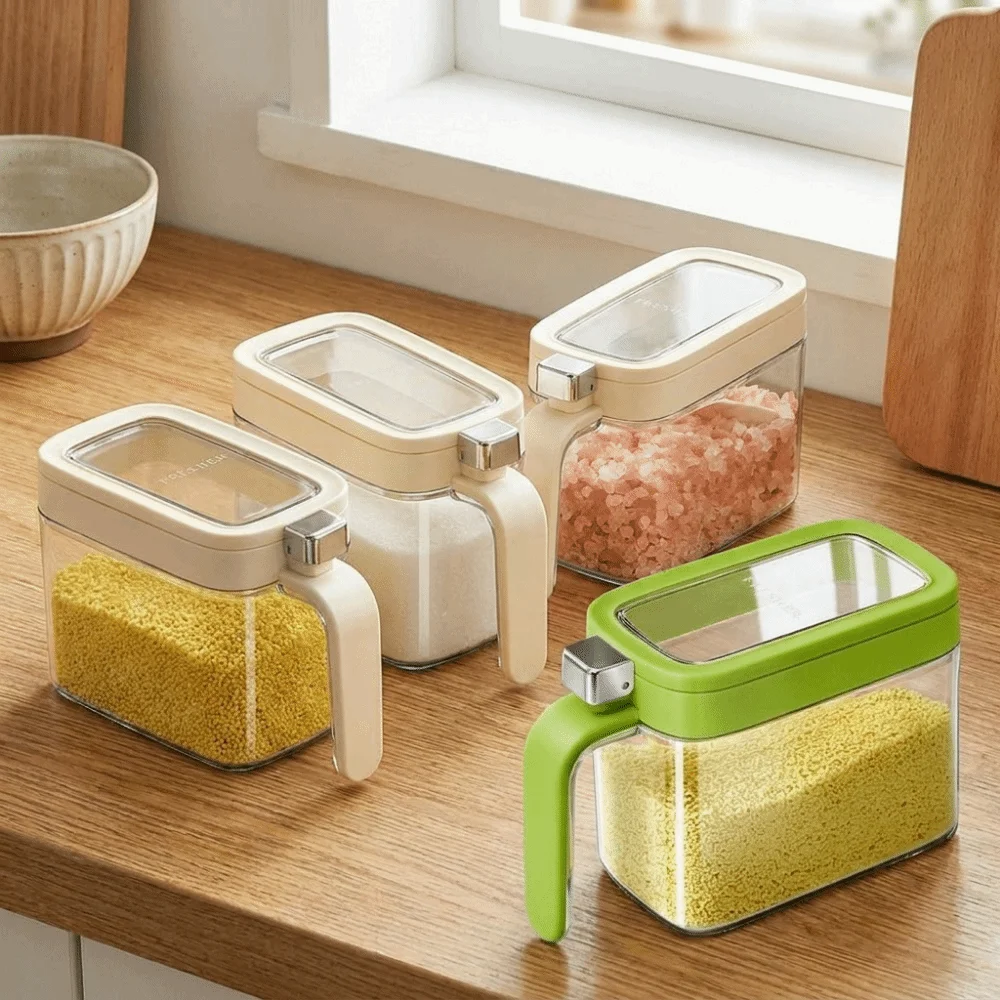 Durable 600ML Pop-Top Seasoning Box Plastic Moisture-Proof Salt Storage Container with Spoon Sealed Seasoning Bottle Kitchen