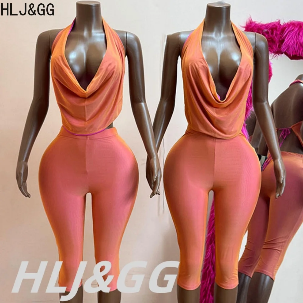 HLJ&GG Sexy Deep V Halter Two Piece Sets Women Lace Up Backless Ruched Top And Shorts Outfits Fashion Solid 2pcs Streetwear 2026