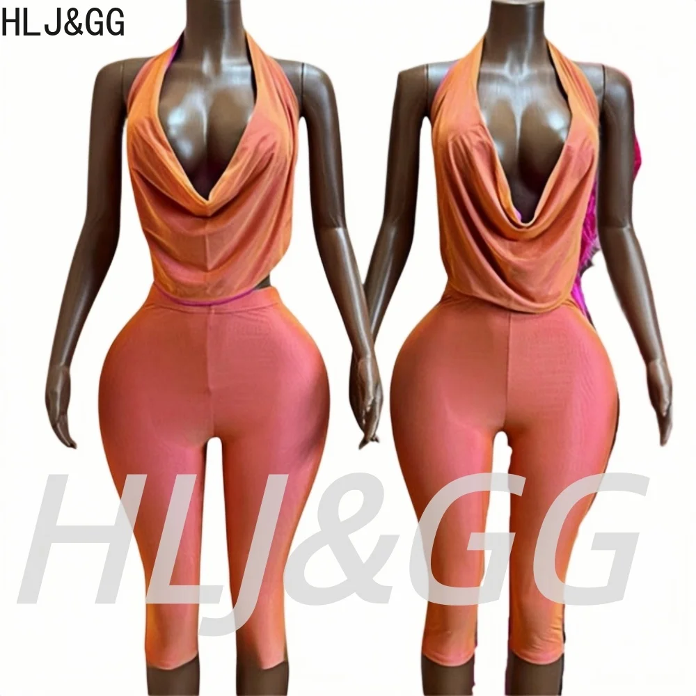 HLJ&GG Sexy Deep V Halter Two Piece Sets Women Lace Up Backless Ruched Top And Shorts Outfits Fashion Solid 2pcs Streetwear 2026