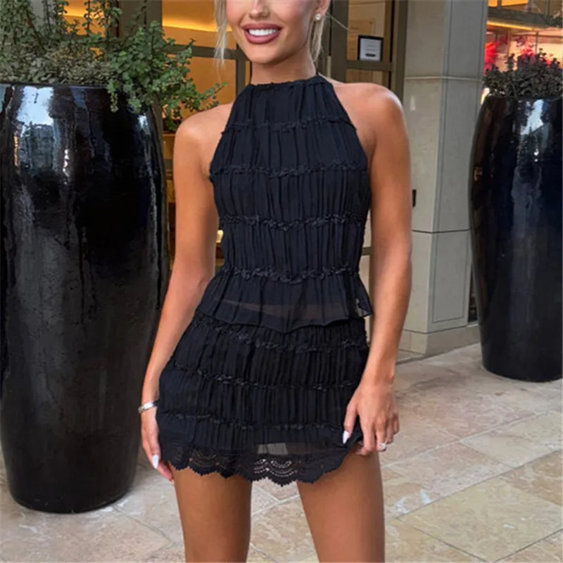 Two Piece Skirt Sets for Women Y2k Lace Sheer Mesh Ruched Halter Top Smocked Mini Skirt Summer Beach Matching Outfits