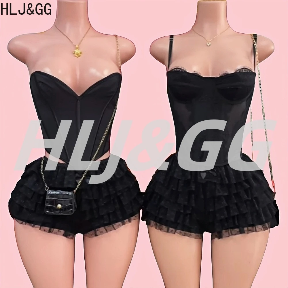 HLJ&GG Black Sexy Off Shoulder Bandage Corset Two Piece Sets Women Slim Crop Top And Lace Ruffle Mini Skirts Outfits Streetwear