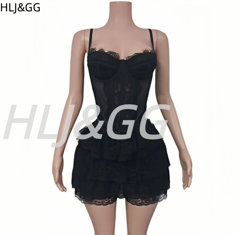 HLJ&GG Black Sexy Off Shoulder Bandage Corset Two Piece Sets Women Slim Crop Top And Lace Ruffle Mini Skirts Outfits Streetwear
