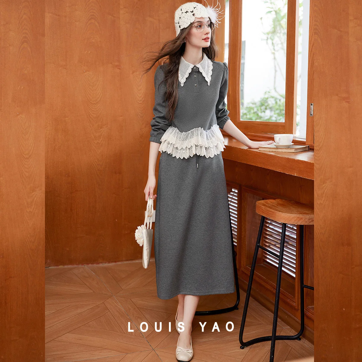 LOUIS YAO Lace Color Contrast Splicing Two Piece Set 2025 Autumn Women's Set Micro Elastic Collar Long Sleeve Top and Half Skirt