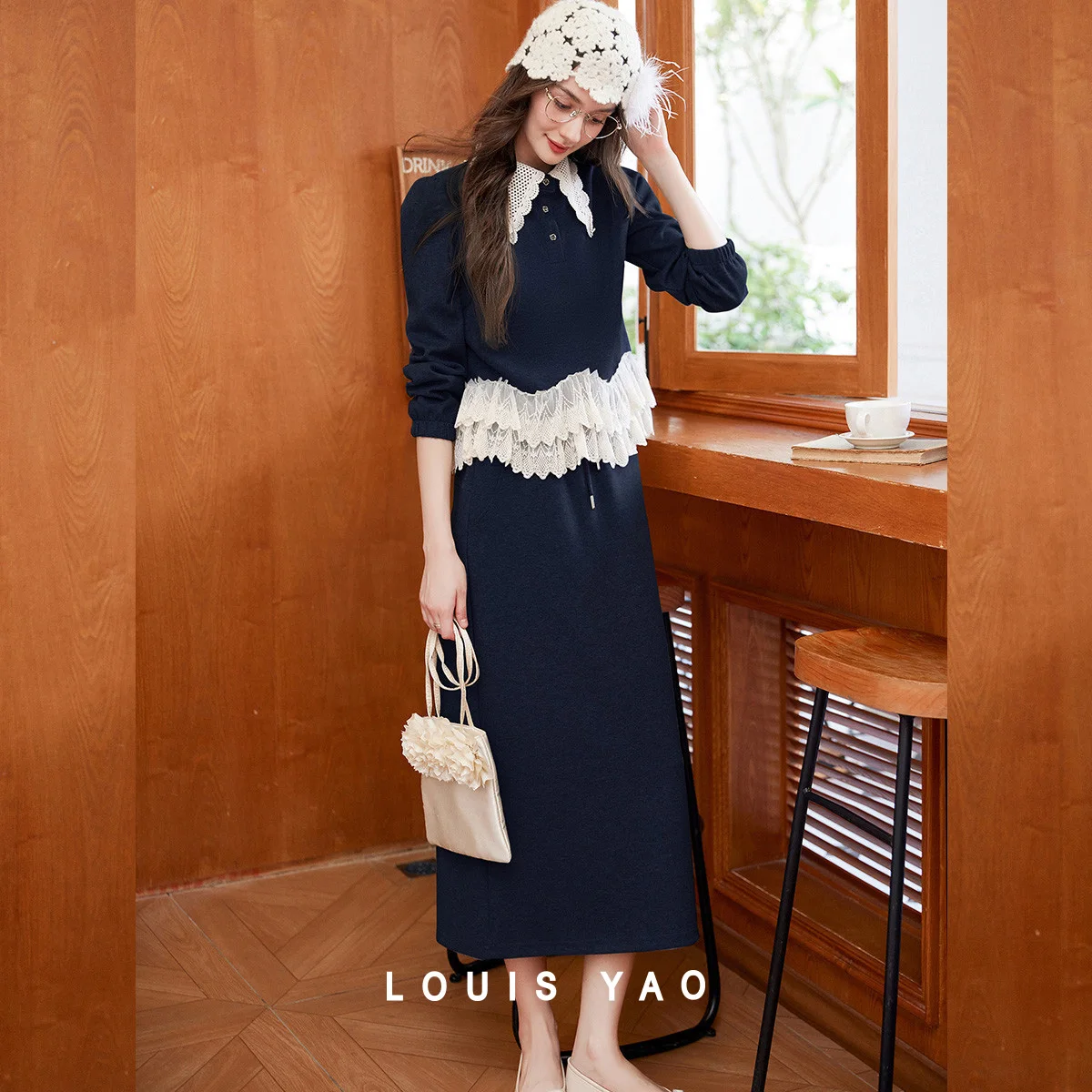 LOUIS YAO Lace Color Contrast Splicing Two Piece Set 2025 Autumn Women's Set Micro Elastic Collar Long Sleeve Top and Half Skirt