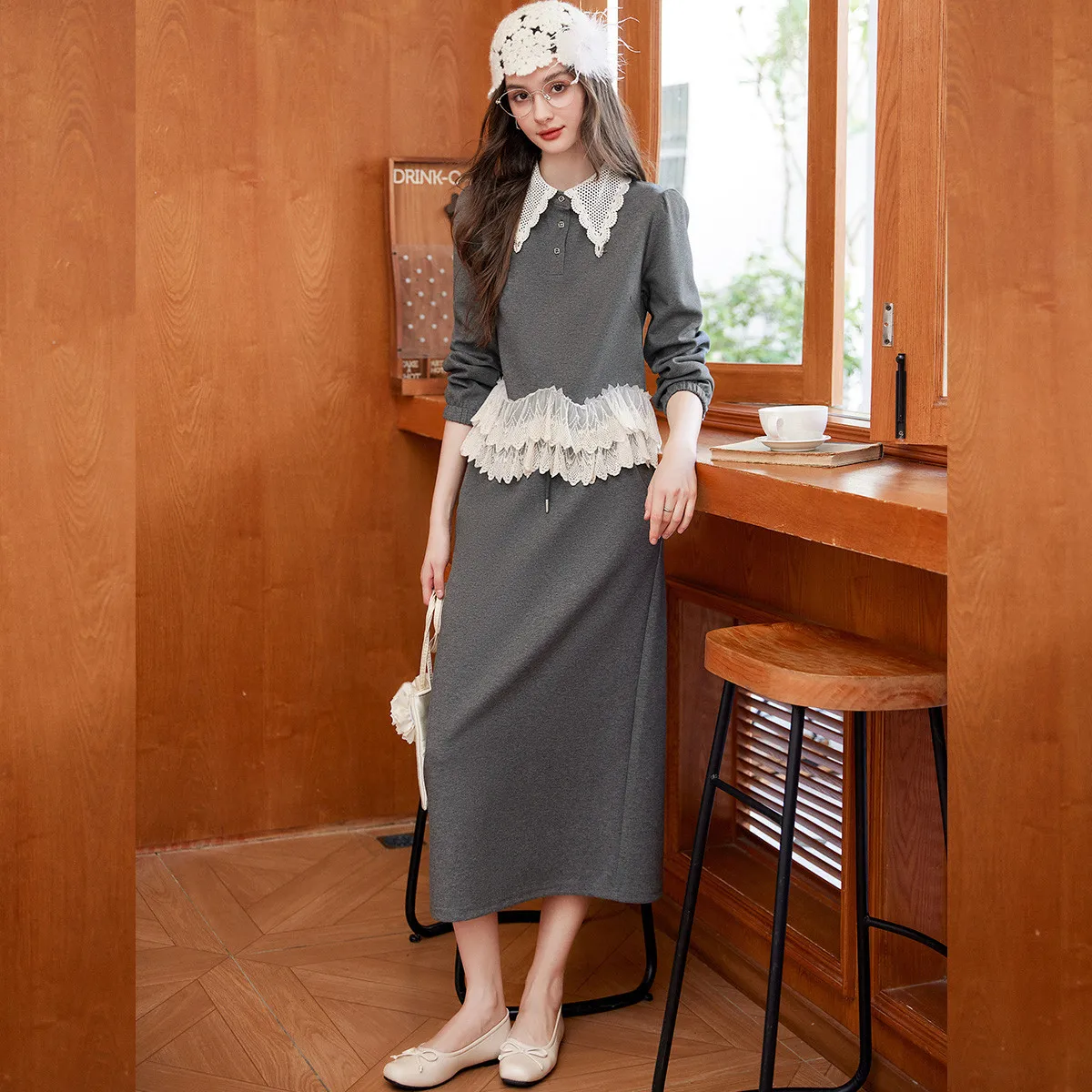 LOUIS YAO Lace Color Contrast Splicing Two Piece Set 2025 Autumn Women's Set Micro Elastic Collar Long Sleeve Top and Half Skirt