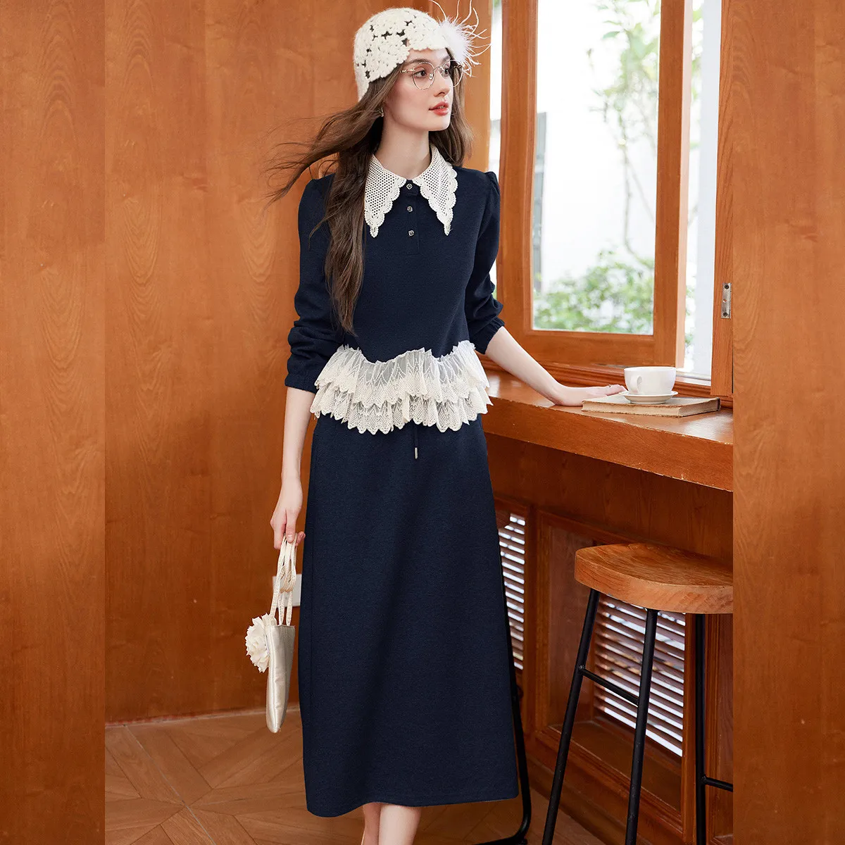LOUIS YAO Lace Color Contrast Splicing Two Piece Set 2025 Autumn Women's Set Micro Elastic Collar Long Sleeve Top and Half Skirt