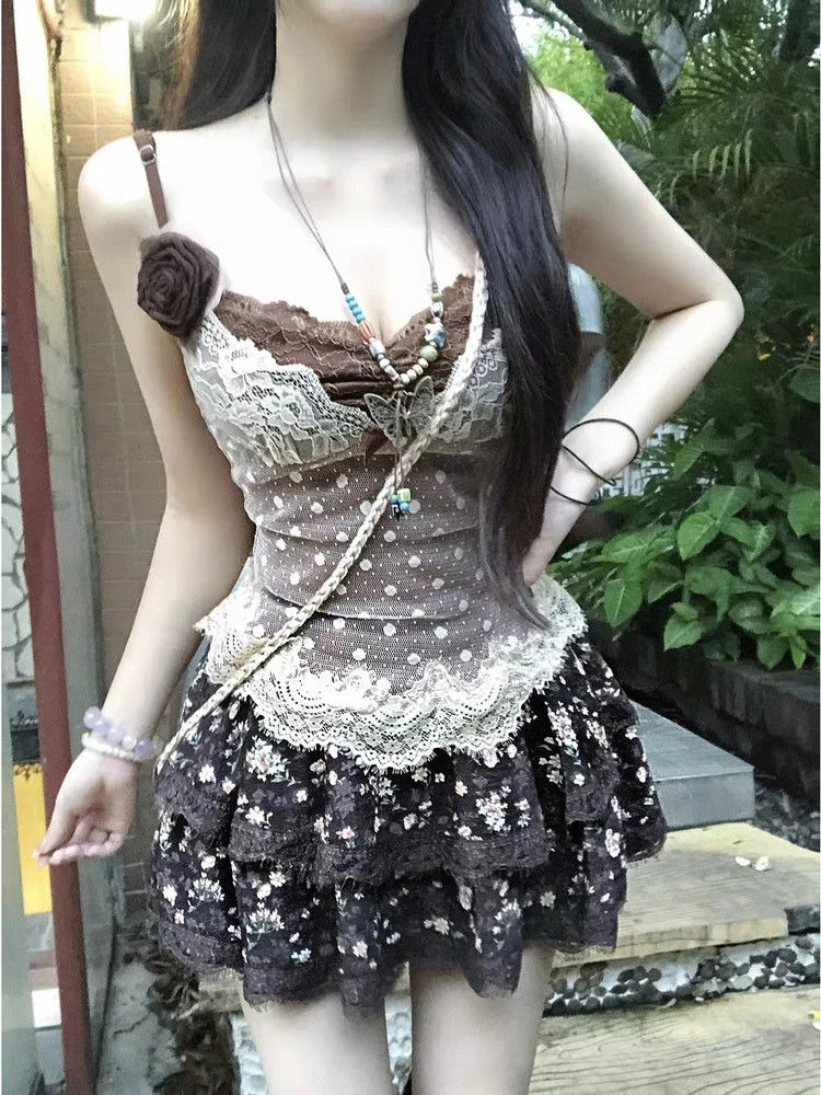 New Vintage Hottie Women's 2 Piece Sets Y2k Lace Polka Dot Tops + Printed Mini Skirt Harajuku Female Korean Popular Clothes 2025