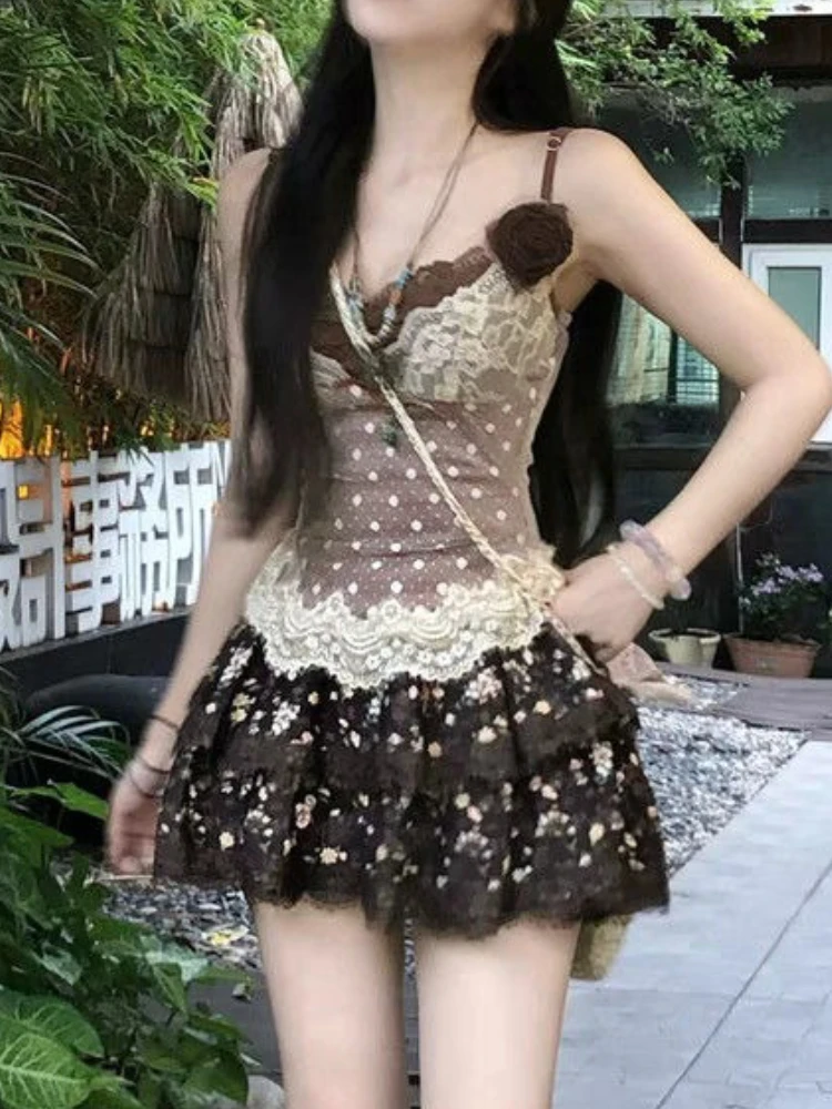 New Vintage Hottie Women's 2 Piece Sets Y2k Lace Polka Dot Tops + Printed Mini Skirt Harajuku Female Korean Popular Clothes 2025