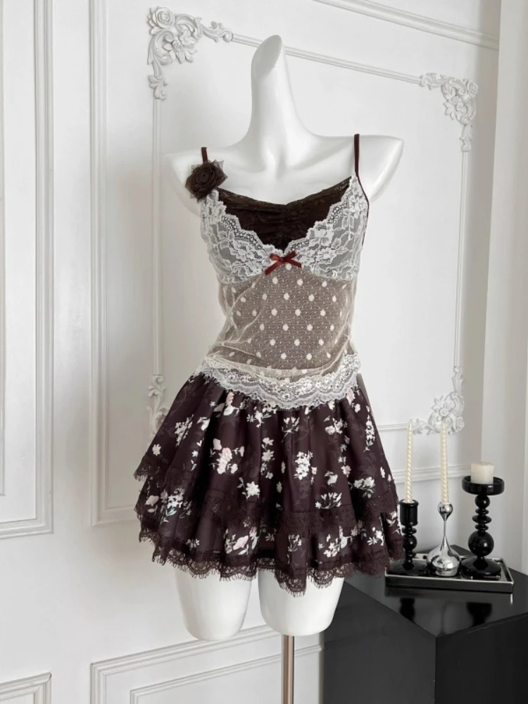 New Vintage Hottie Women's 2 Piece Sets Y2k Lace Polka Dot Tops + Printed Mini Skirt Harajuku Female Korean Popular Clothes 2025