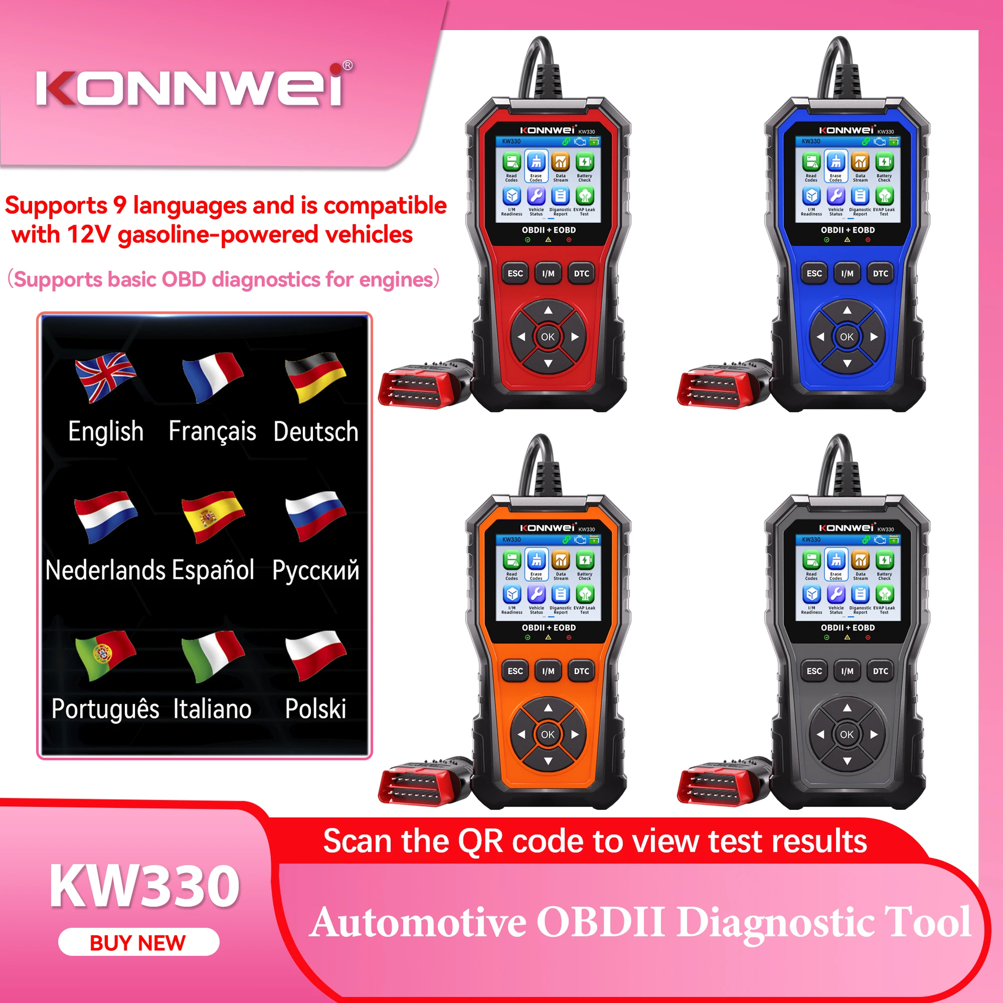 KONNWEI KW330 OBD2 Scanner Car Diagnostic Tool Full OBDII Functions Engine Fault Code Reader Battery Test for All 12V Vehicles