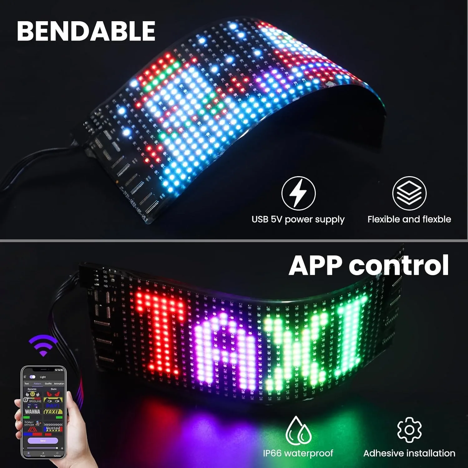 No-Drill Install Flexible Car LED Display Ultra HD Slim Soft Bendable Screen for Auto DIY Decor