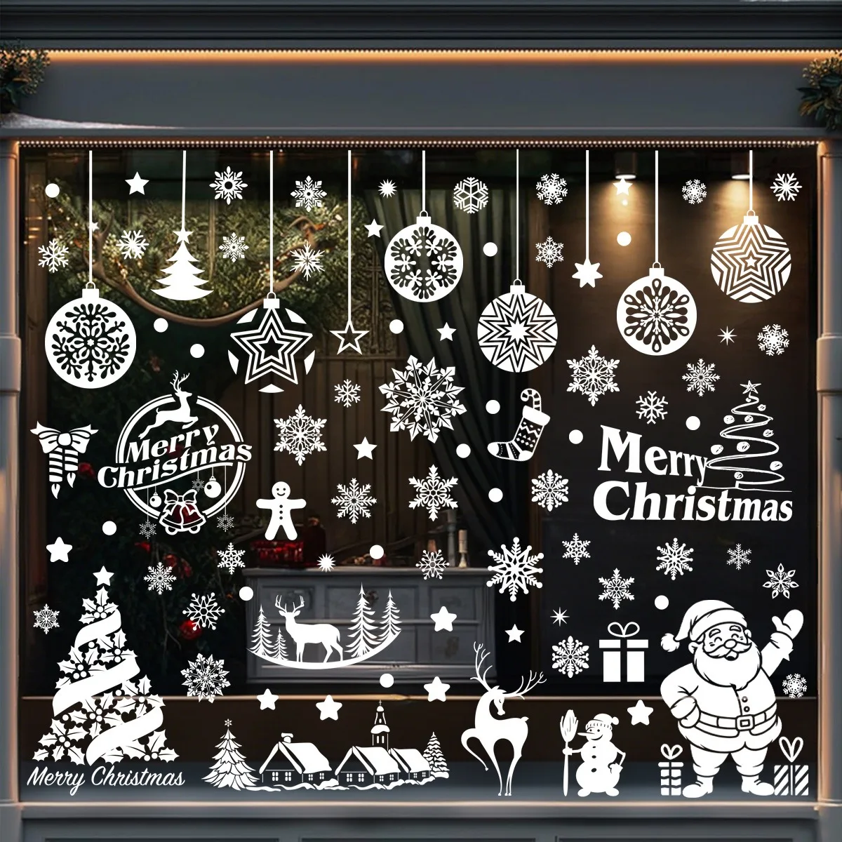 Christmas Window Clings White Hanging Balls Xmas Party Scene Glass Decoration Stickers Holiday Home Decor