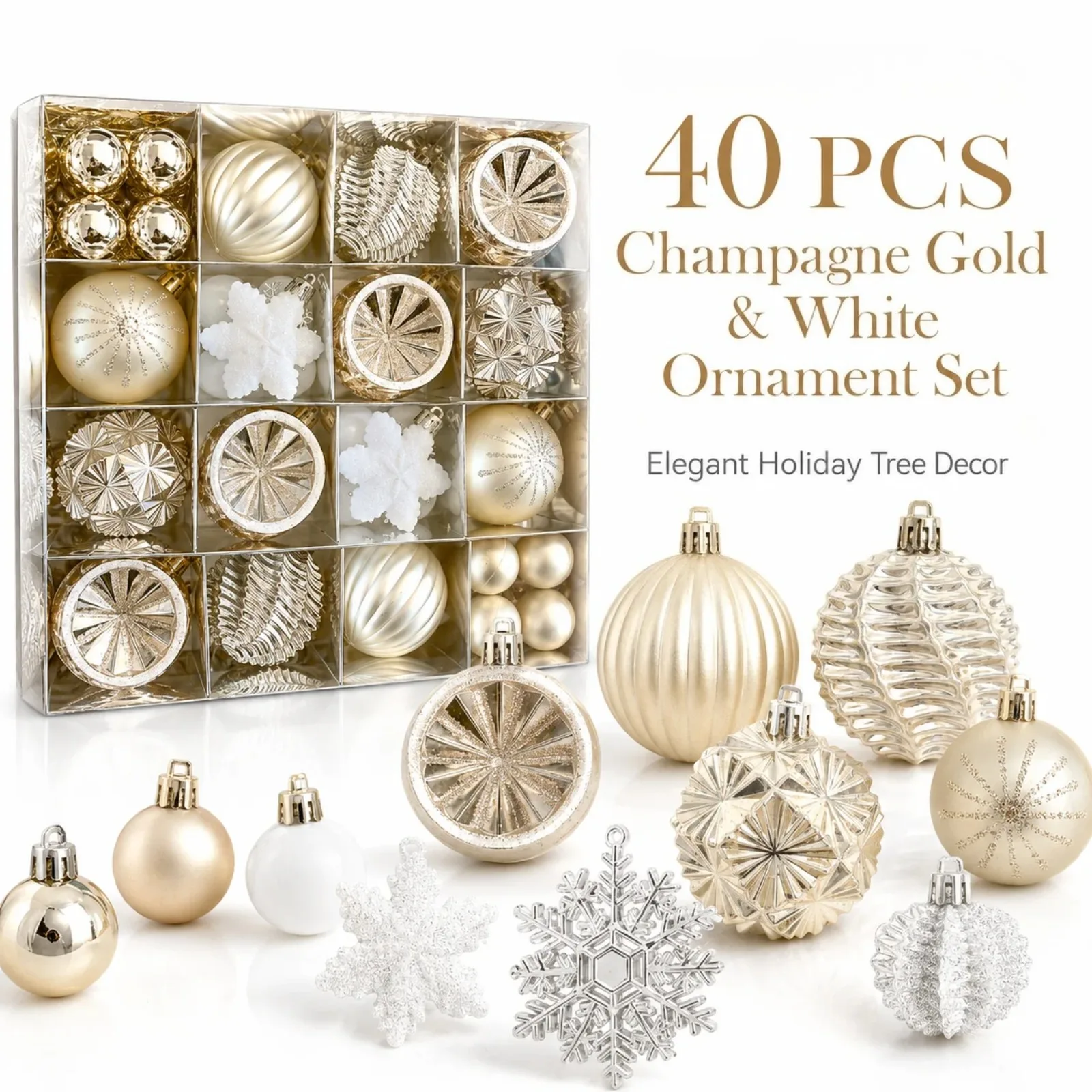 40pcs Christmas Balls Ornaments Set Shatterproof Champagne Gold White Tree Hanging Decoration Wedding Holiday Home Decor