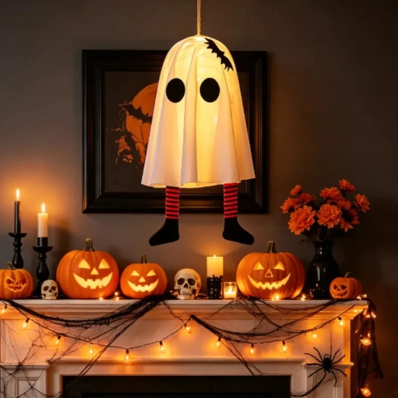 Halloween Hanging Ghost Light Fabric Ghost Ornament with Striped Legs LED Wire Light for Yard Porch Indoor Outdoor Party