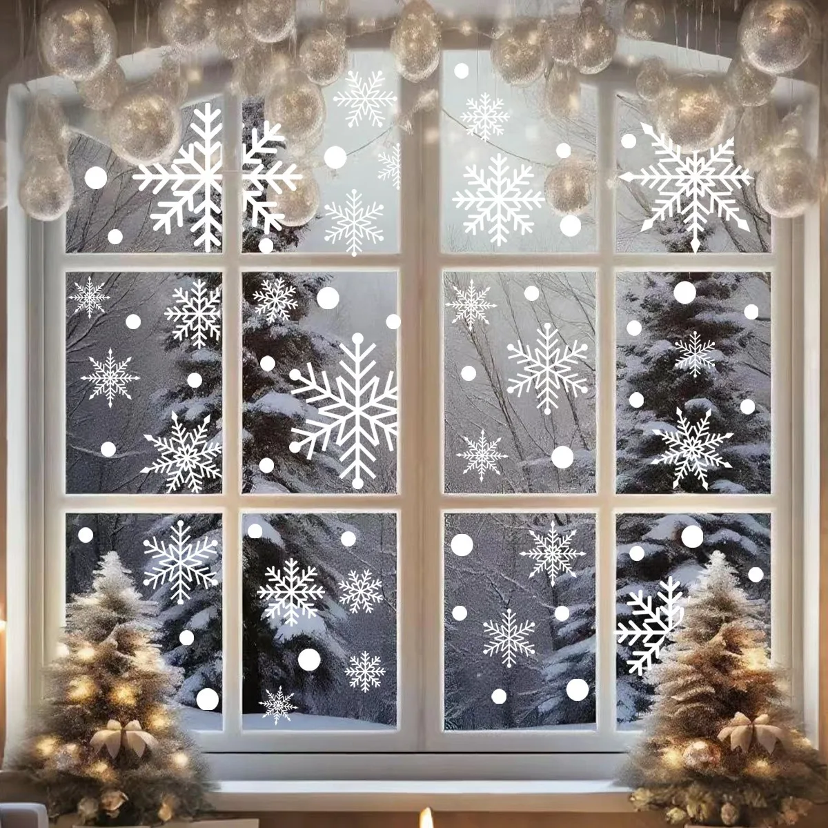 Large Christmas Glass Stickers White House Window Decals Hanging Ball Snowflake Double Sided Holiday Party Decor