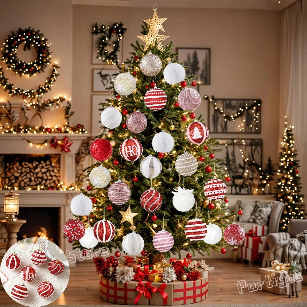 6pcs 8cm Christmas Ball Ornaments Red White Xmas Tree Hanging Pendants Holiday New Year Navidad Xmas Decor Home Party Supplies