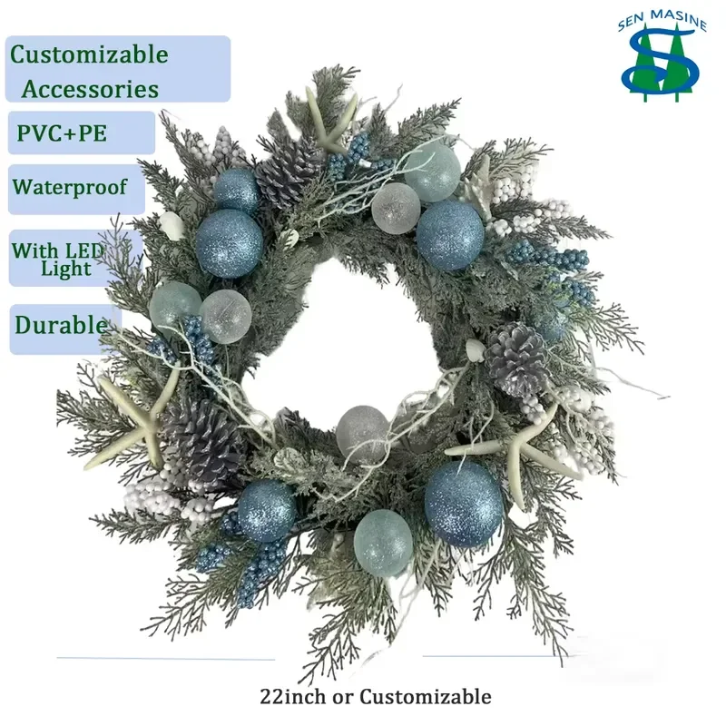 for Christmas Wreath 40cm 22 Inch Prelit Blue White Flowers Large Real Touch Artificial Holiday Door Wall Hanging Decor