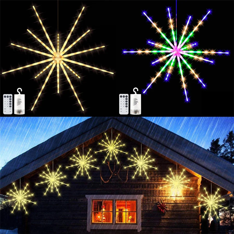 Christmas Garland LED Fairy String Lights Remote 8 Modes Hanging Exploding Star Firework Lights for Garden Party Wedding Decor