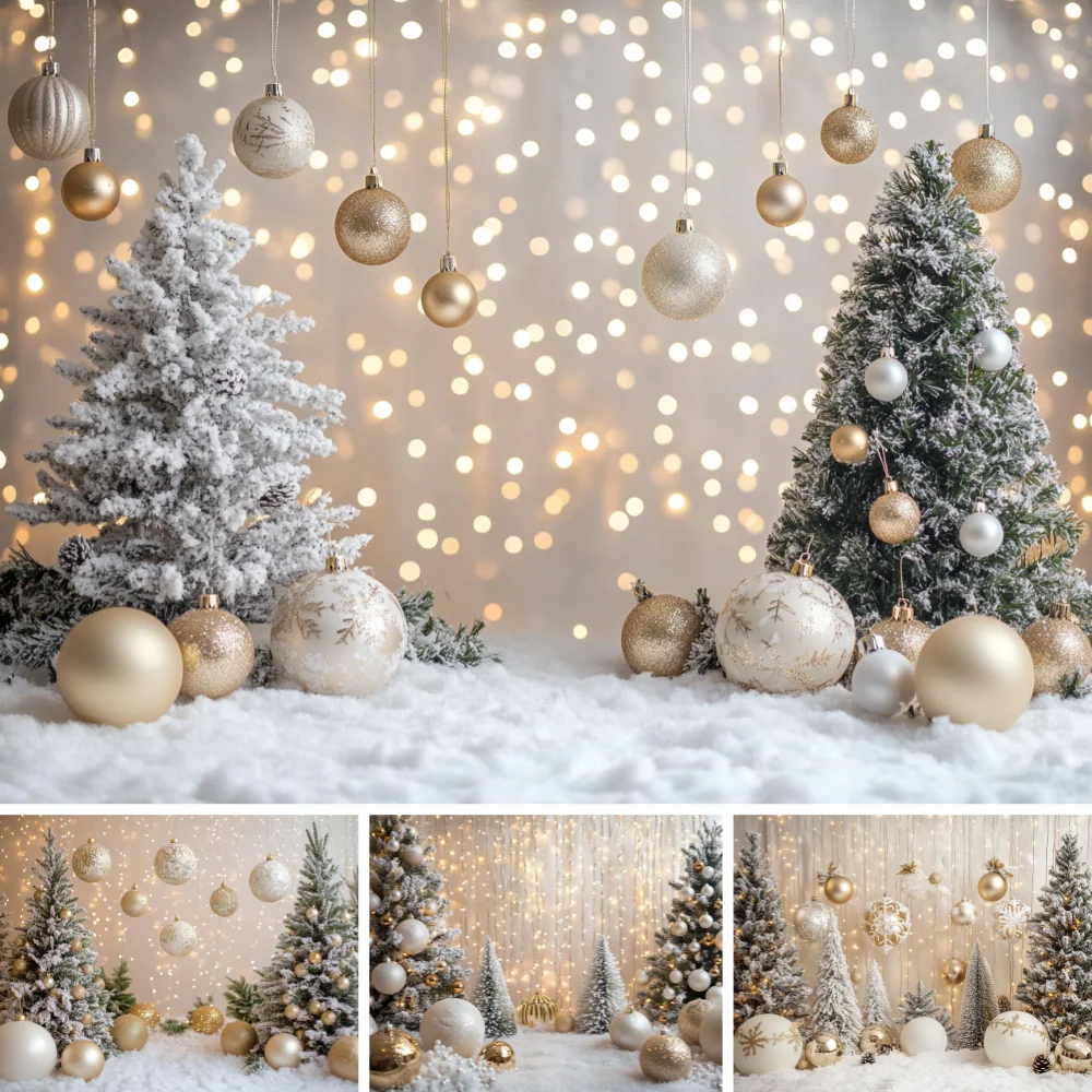 Gold White Christmas Backdrop Pine Tree Hanging Bauble Bokeh Warm Fairy Light Snow Ground Holiday Portrait Shoot Background