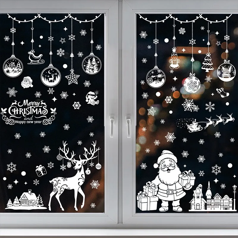 Christmas Reindeer Window Stickers Static Cling White Hanging Ball Decorations for Store Shop Window Christmas Holiday