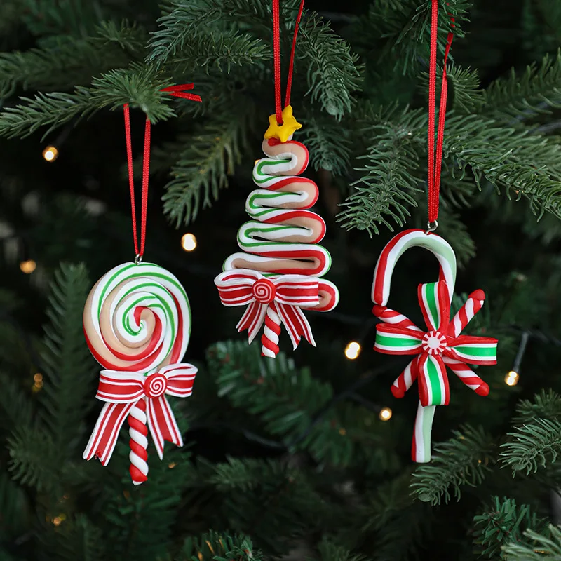 Christmas Candy Ornaments - Red/White/Green Soft Resin Lollipop Hanging Decor for Holiday Tre