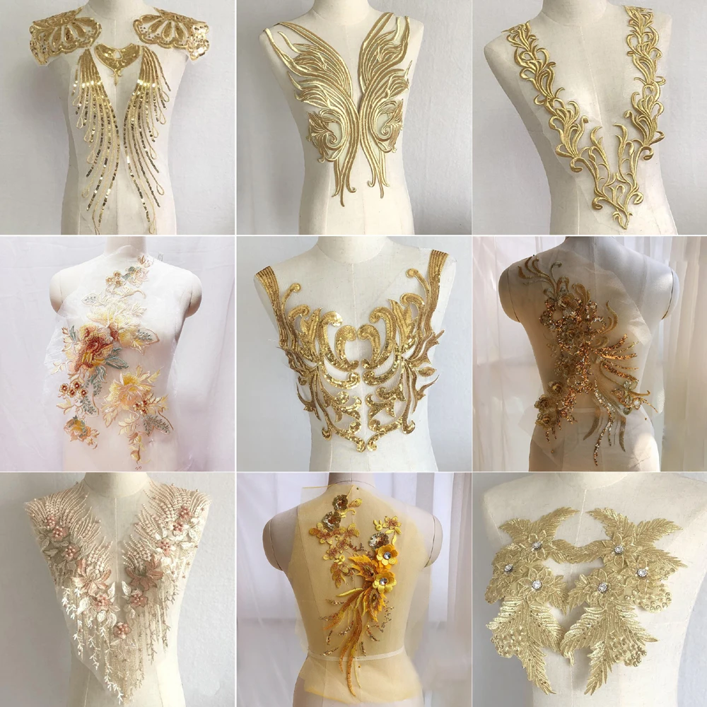 Clothing Gold Sequin Flower Patch Applique Lace Fabric Sewing Dress Embroidery DIY Handwork Patches