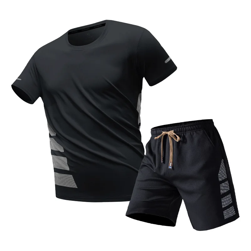 Summer Men T-Shirts Outfit Quick Dry Breathable Gym Clothing Training Short Sleeve Tops Shorts Suit Daily Leisure Two-Piece Sets