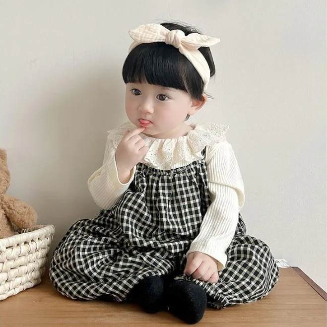 Baby Set Plaid Overalls Baby Girl Two Piece Set Bodysuit Kids Korean Style New Clothing Outdoor Romper