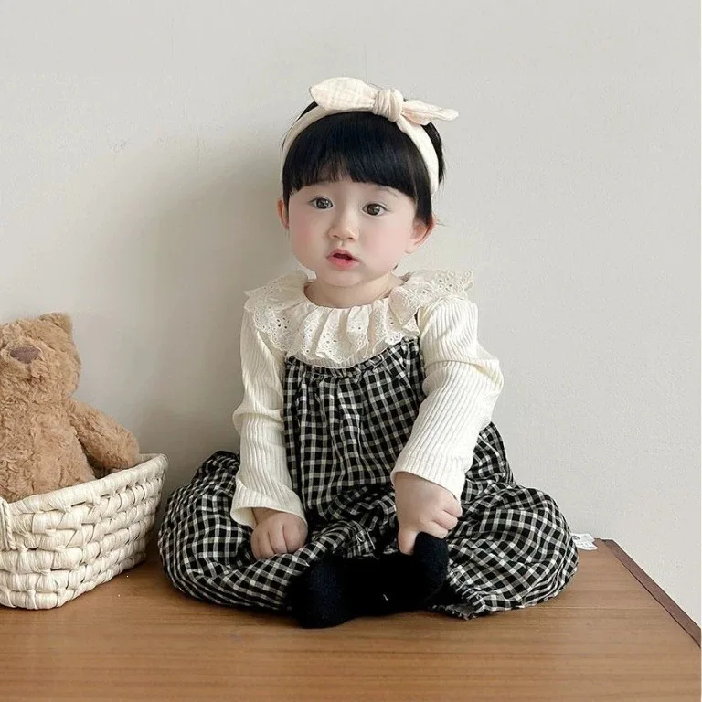 Baby Set Plaid Overalls Baby Girl Two Piece Set Bodysuit Kids Korean Style New Clothing Outdoor Romper