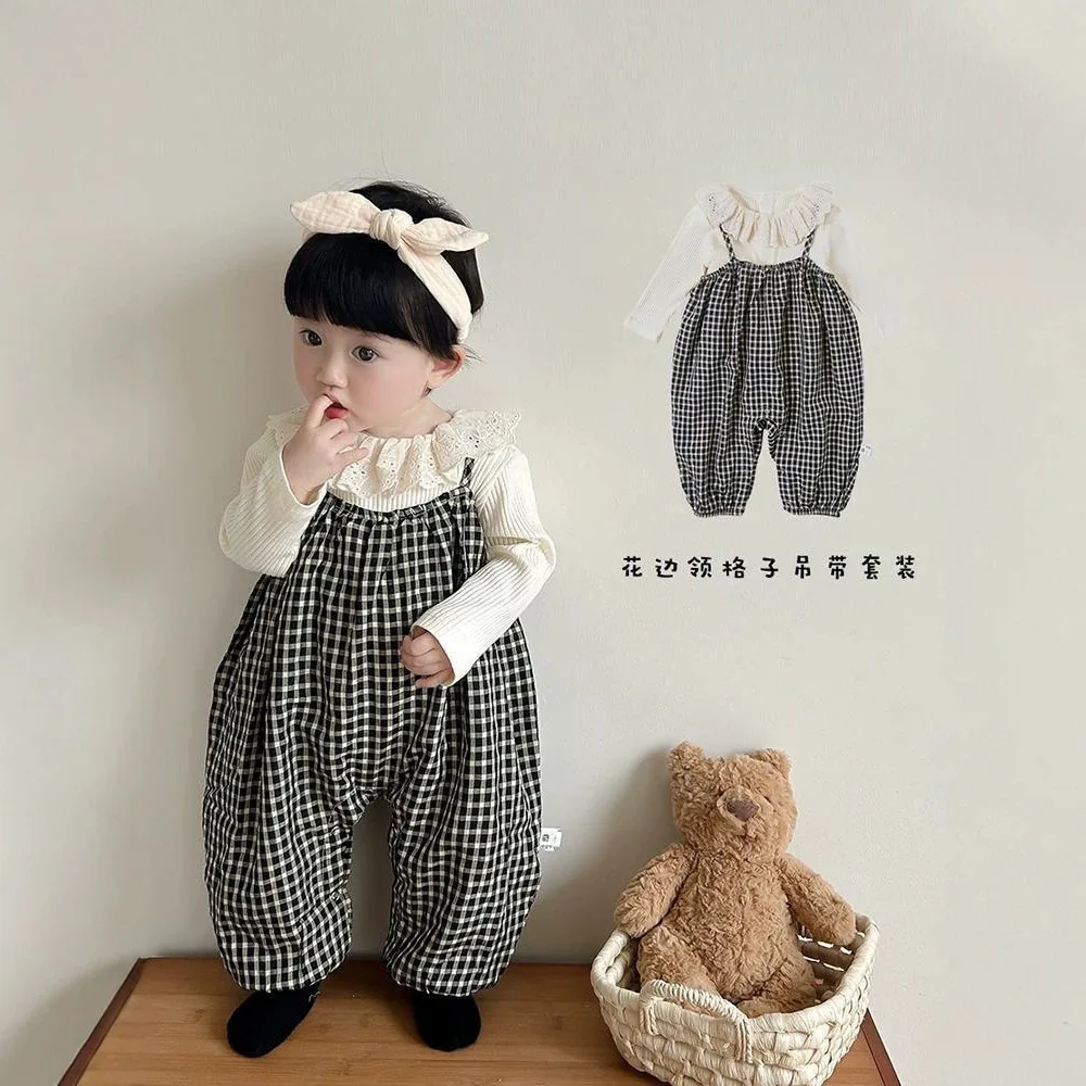 Baby Set Plaid Overalls Baby Girl Two Piece Set Bodysuit Kids Korean Style New Clothing Outdoor Romper