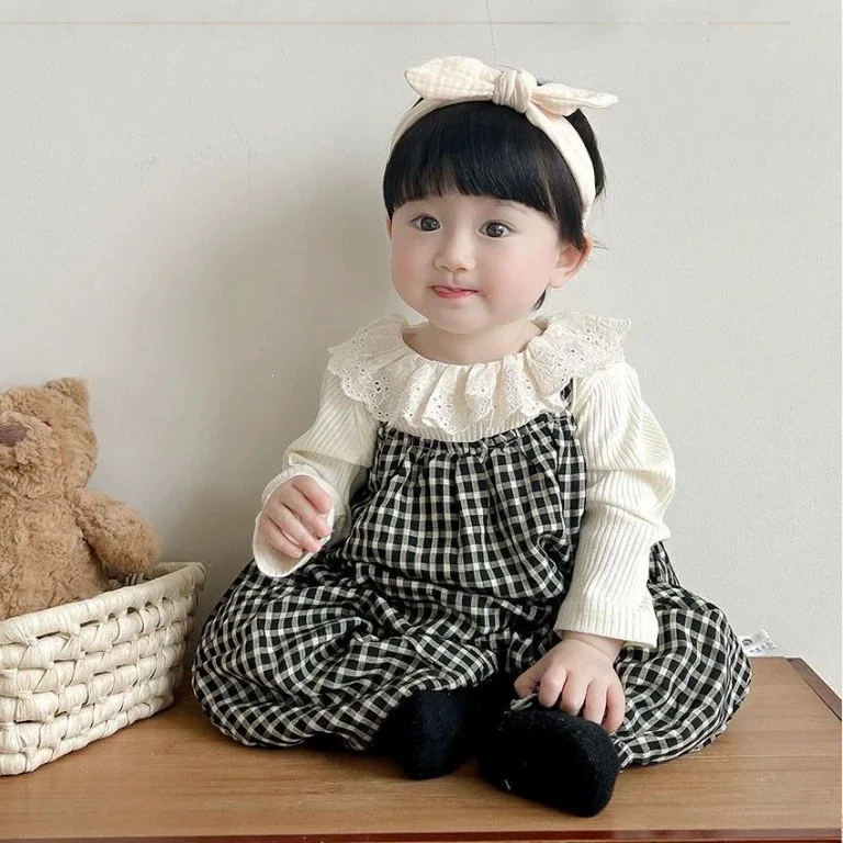 Baby Set Plaid Overalls Baby Girl Two Piece Set Bodysuit Kids Korean Style New Clothing Outdoor Romper