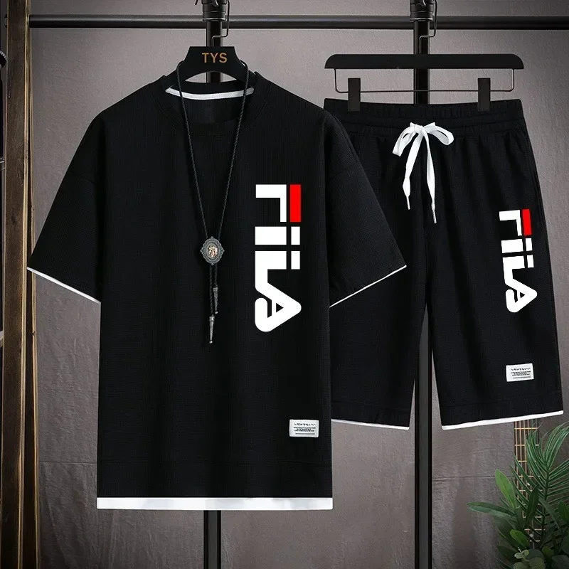 Men's fully breathable suit, short-sleeved sweater paired with shorts, two-piece set, casual and fashionable men's clothing