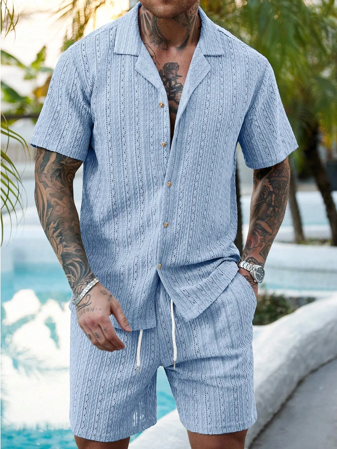 Men's Summer Pullover Short-Sleeved Shirt Set with Drawstring Shorts Two-Piece Comfortable Breathable Clothing for Warm Weather