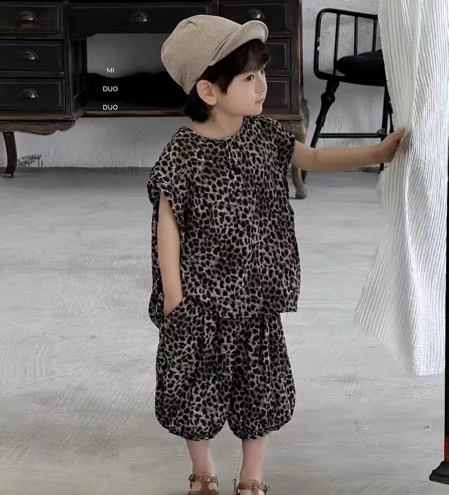 Children Clothing Boys Sleeveless Set Lightweight and Handsome Summer Outdoor Boys Baby Vest Shorts Leopard Print Two-piece Set
