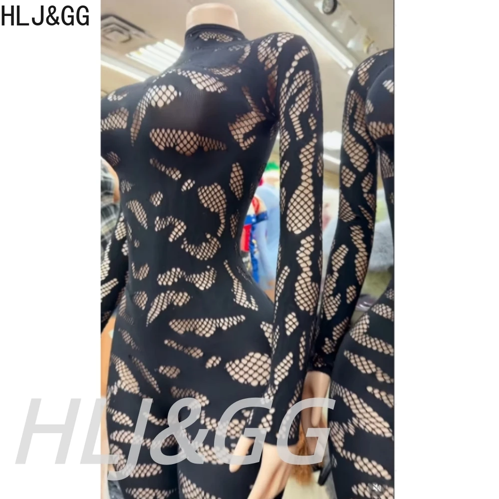 HLJ&GG Sexy Lace See Through Hollow Bodycon One Piece Sets Women Round Neck Long Sleeve Slim Playsuits Fashion Stretchy Overalls