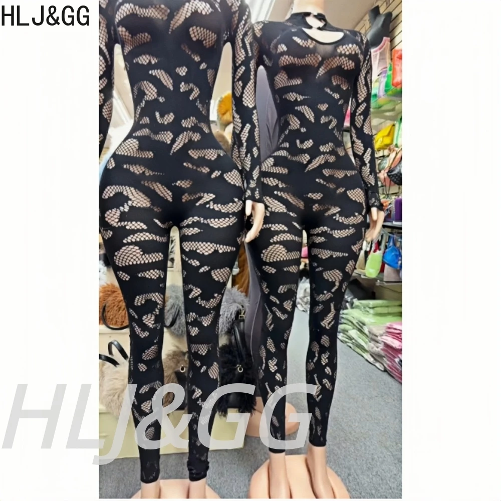 HLJ&GG Sexy Lace See Through Hollow Bodycon One Piece Sets Women Round Neck Long Sleeve Slim Playsuits Fashion Stretchy Overalls