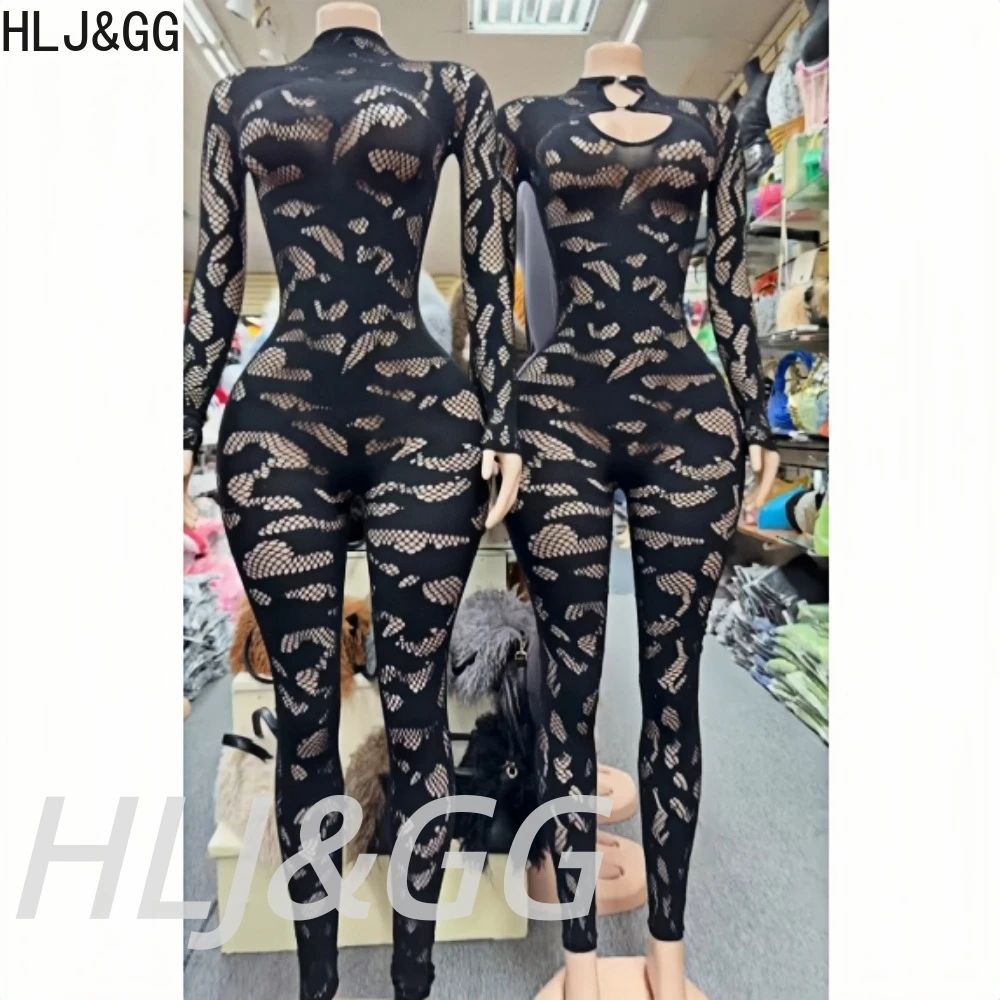 HLJ&GG Sexy Lace See Through Hollow Bodycon One Piece Sets Women Round Neck Long Sleeve Slim Playsuits Fashion Stretchy Overalls
