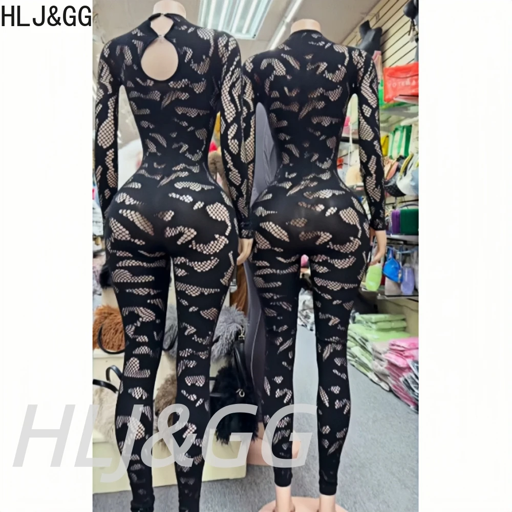 HLJ&GG Sexy Lace See Through Hollow Bodycon One Piece Sets Women Round Neck Long Sleeve Slim Playsuits Fashion Stretchy Overalls
