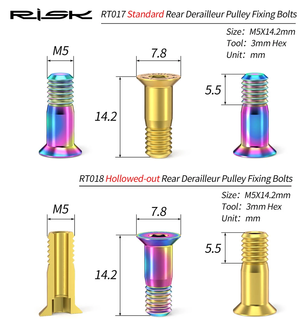 RISK MTB Road Bike Rear Derailleur Jockey Wheel Screws,Titanium Alloy Bicycle Pulley Guide Wheel Fixing Bolts,2pcs M5*14.2mm